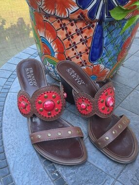 Franco Sarto Brown Leather Slide Mules with Red Medallion Accents